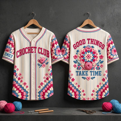 Custom Crochet Club Baseball Jersey - Good Things Take Time Personalized Crafting Gift - mockup 3
