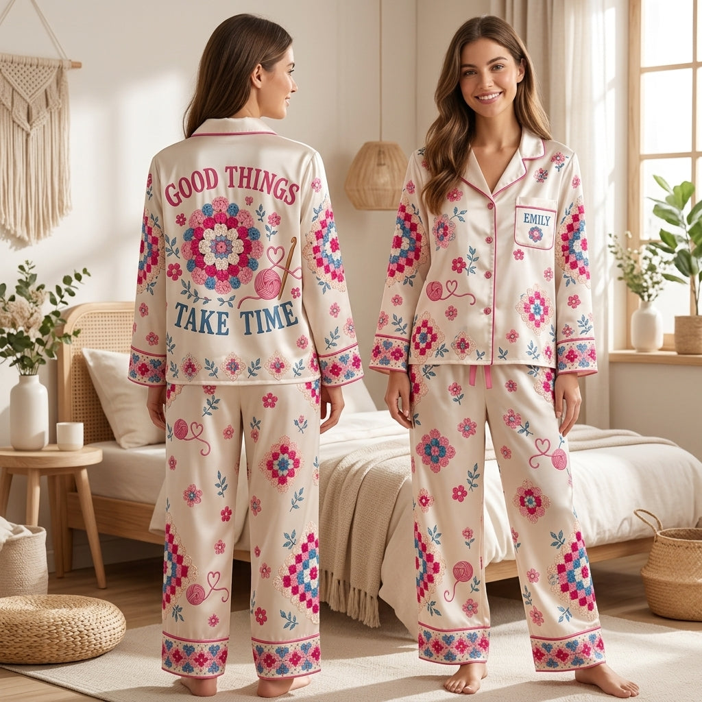 Personalized Crochet Granny Square All-Over Print Satin Pajama Set – Gift for Crafters - mockup 1