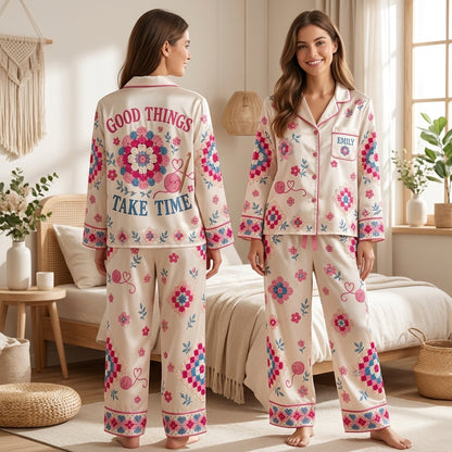 Personalized Crochet Granny Square All-Over Print Satin Pajama Set – Gift for Crafters - mockup 1