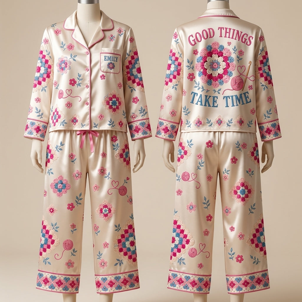 Personalized Crochet Granny Square All-Over Print Satin Pajama Set – Gift for Crafters - mockup 2
