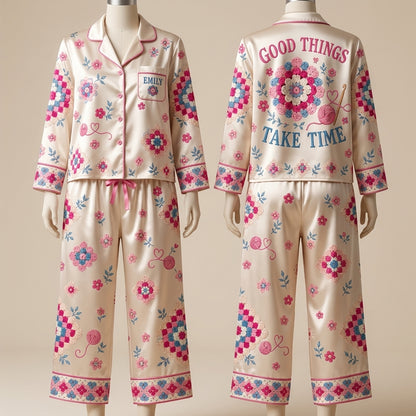 Personalized Crochet Granny Square All-Over Print Satin Pajama Set – Gift for Crafters - mockup 2