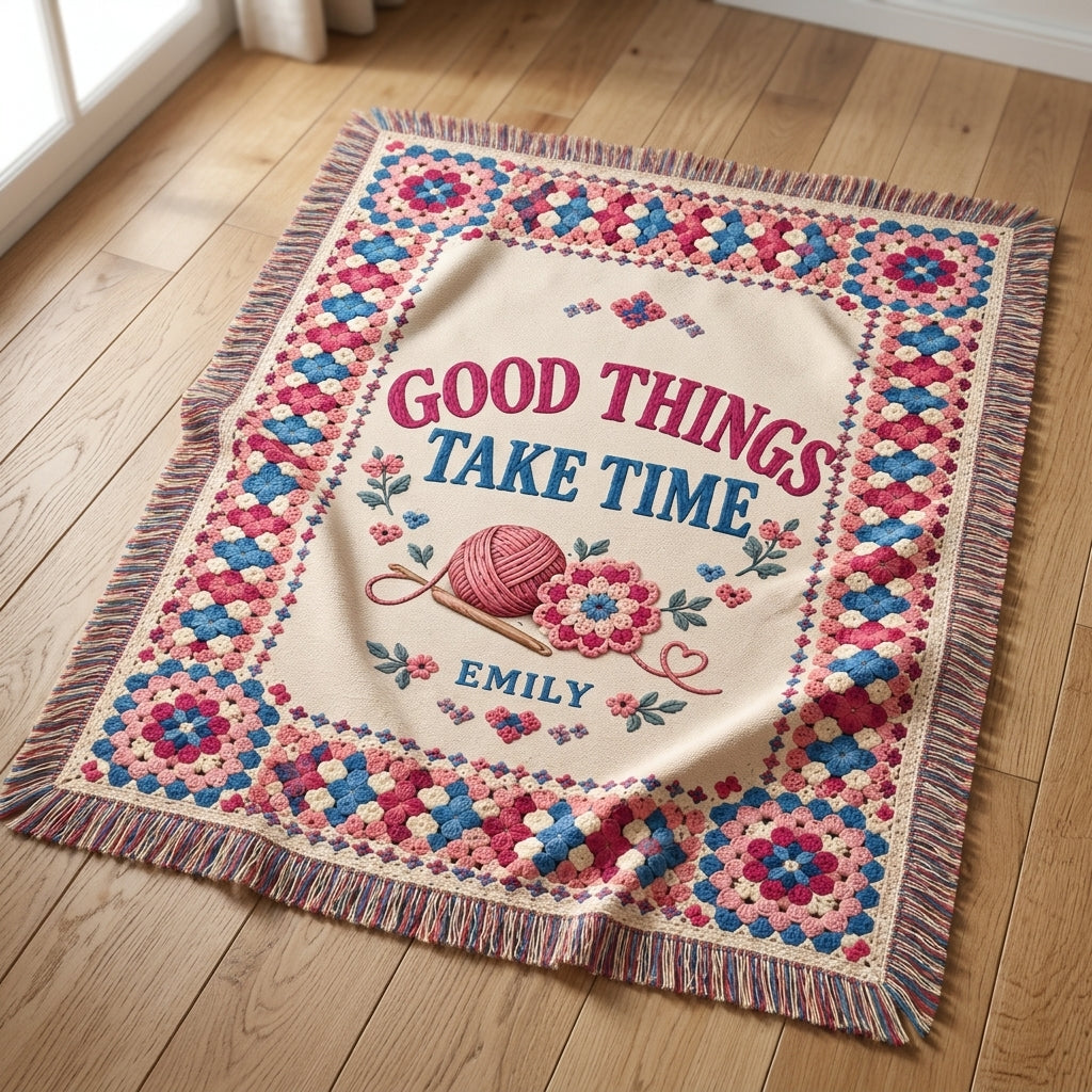 Personalized Crochet Lover Woven Blanket – Good Things Take Time Gift for Crafters - mockup 1