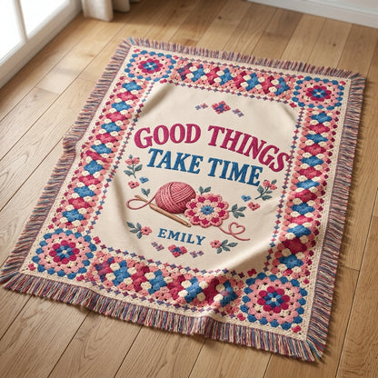 Personalized Crochet Lover Woven Blanket – Good Things Take Time Gift for Crafters - mockup 1