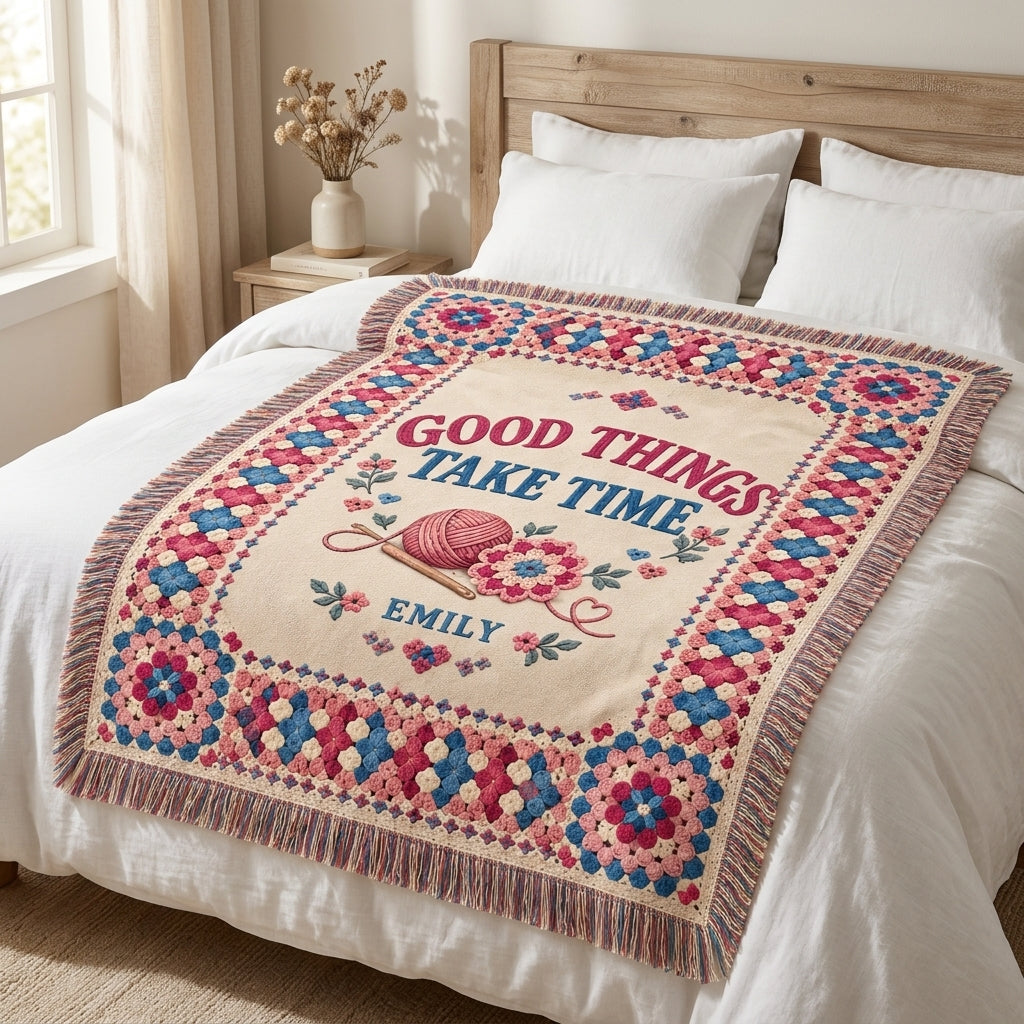 Personalized Crochet Lover Woven Blanket – Good Things Take Time Gift for Crafters - mockup 2