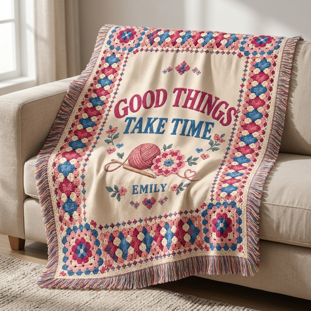 Personalized Crochet Lover Woven Blanket – Good Things Take Time Gift for Crafters - mockup 3