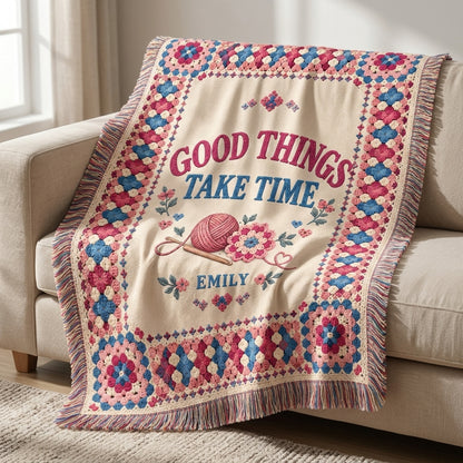Personalized Crochet Lover Woven Blanket – Good Things Take Time Gift for Crafters - mockup 3