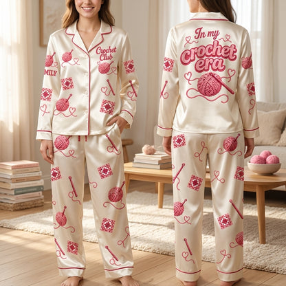 Personalized In My Crochet Era All-Over Print Satin Pajama Set – Custom Gift for Yarn Lovers - mockup 1