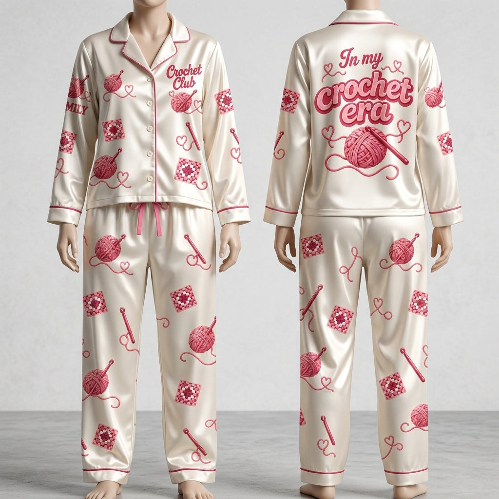 Personalized In My Crochet Era All-Over Print Satin Pajama Set – Custom Gift for Yarn Lovers - mockup 2