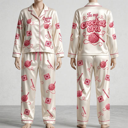 Personalized In My Crochet Era All-Over Print Satin Pajama Set – Custom Gift for Yarn Lovers - mockup 2