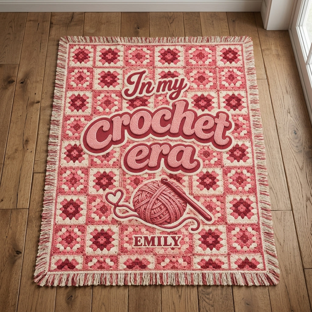 Personalized In My Crochet Era Woven Blanket - Custom Name Pink Granny Square Throw - mockup 1