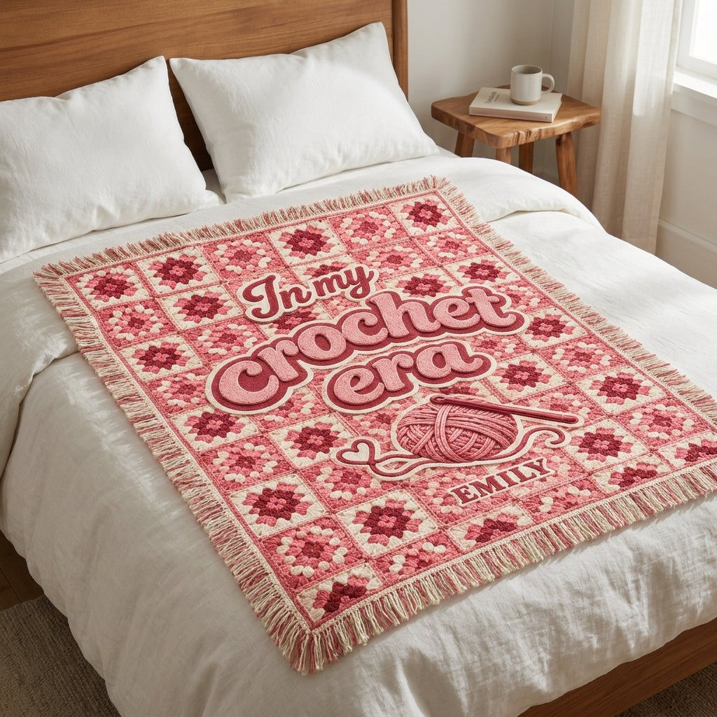 Personalized In My Crochet Era Woven Blanket - Custom Name Pink Granny Square Throw - mockup 2