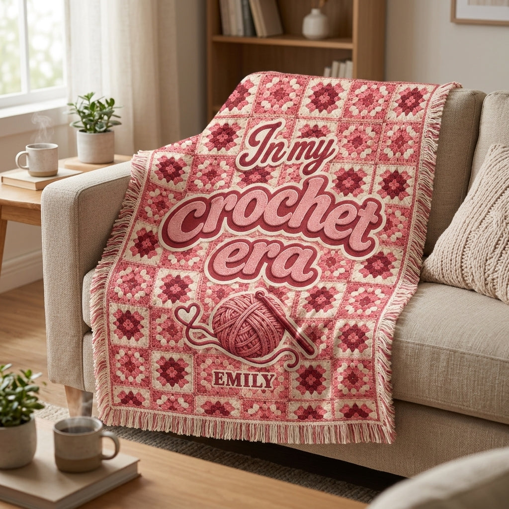 Personalized In My Crochet Era Woven Blanket - Custom Name Pink Granny Square Throw - mockup 3