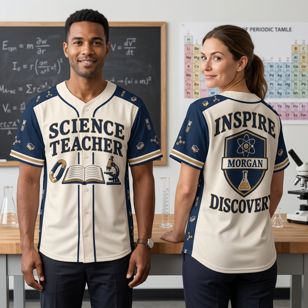 Custom Science Teacher Baseball Jersey - Personalized Inspire Discovery Button-Up Shirt - mockup 1