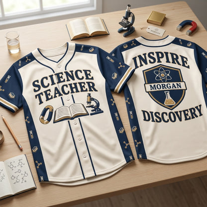 Custom Science Teacher Baseball Jersey - Personalized Inspire Discovery Button-Up Shirt - mockup 2