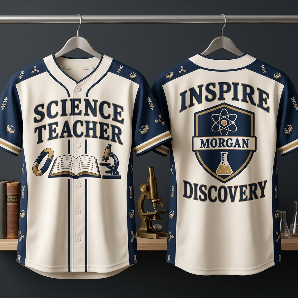 Custom Science Teacher Baseball Jersey - Personalized Inspire Discovery Button-Up Shirt - mockup 3