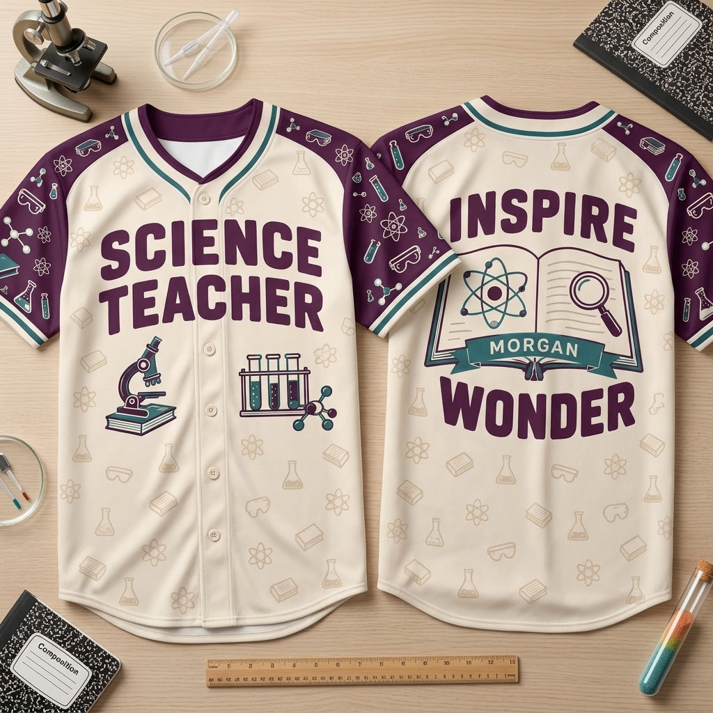 Personalized Science Teacher Baseball Jersey - Custom Inspire Wonder Gift - mockup 2