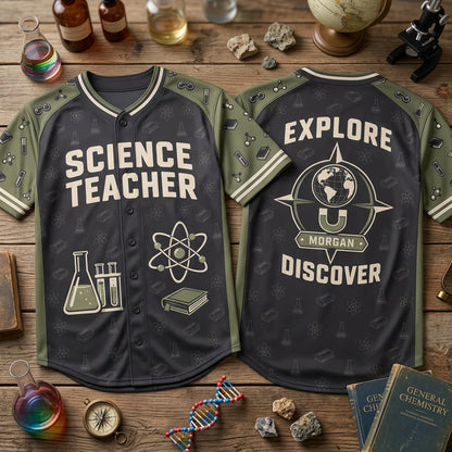 Personalized Science Teacher Baseball Jersey - Explore & Discover Custom Shirt - mockup 2
