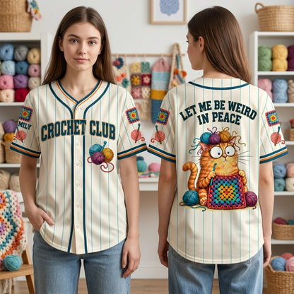 Personalized Crochet Club Cat Baseball Jersey - Let Me Be Weird In Peace - mockup 1