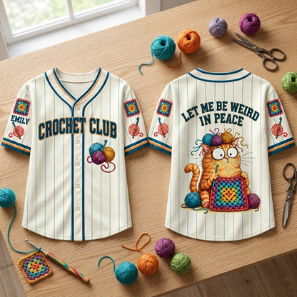 Personalized Crochet Club Cat Baseball Jersey - Let Me Be Weird In Peace - mockup 2
