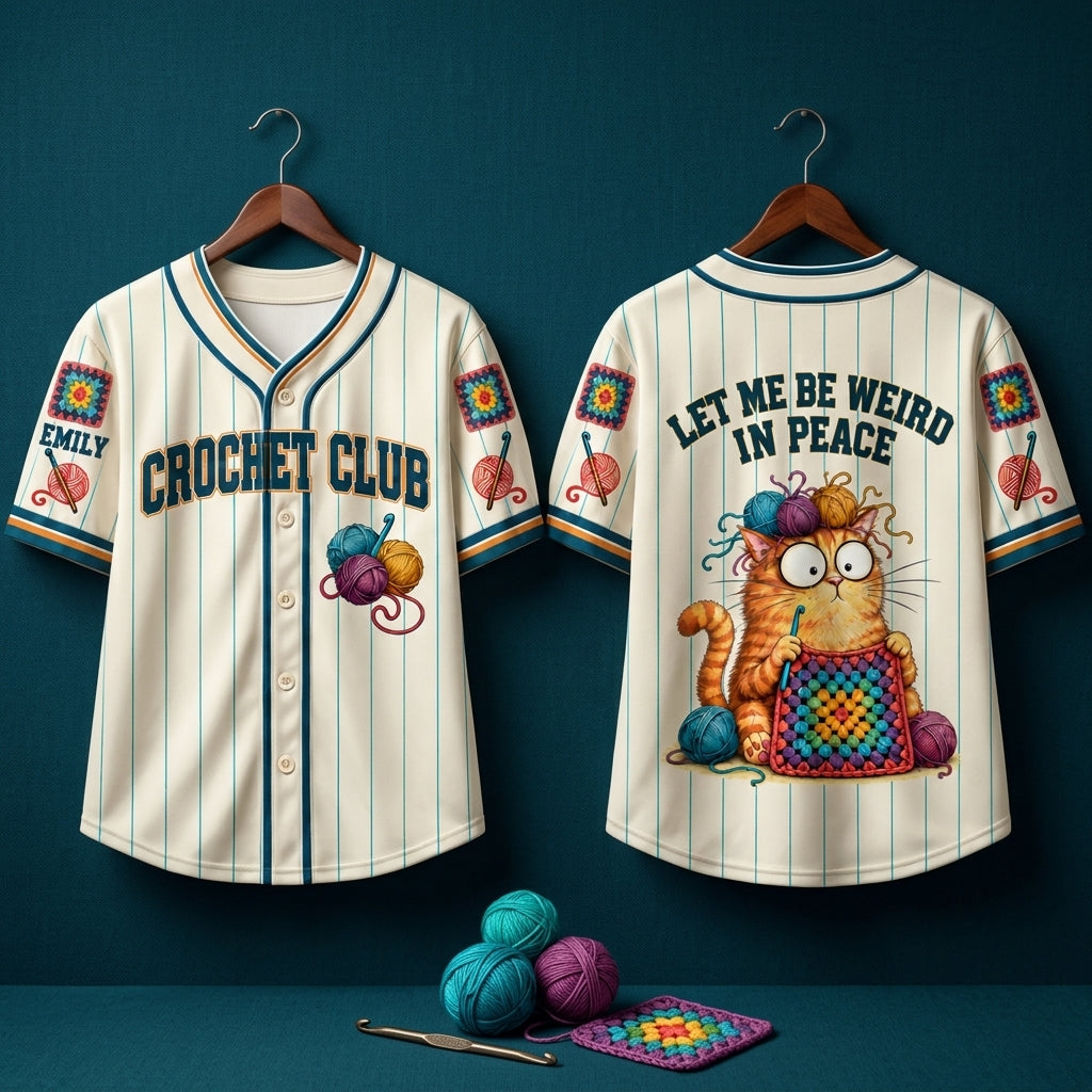Personalized Crochet Club Cat Baseball Jersey - Let Me Be Weird In Peace - mockup 3