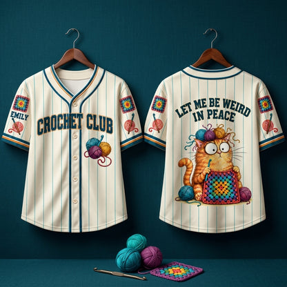 Personalized Crochet Club Cat Baseball Jersey - Let Me Be Weird In Peace - mockup 3