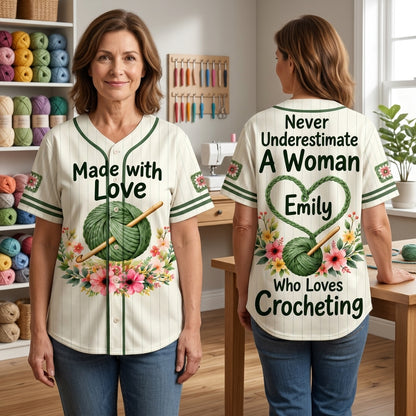 Personalized Never Underestimate A Woman Who Loves Crocheting Baseball Jersey - mockup 1