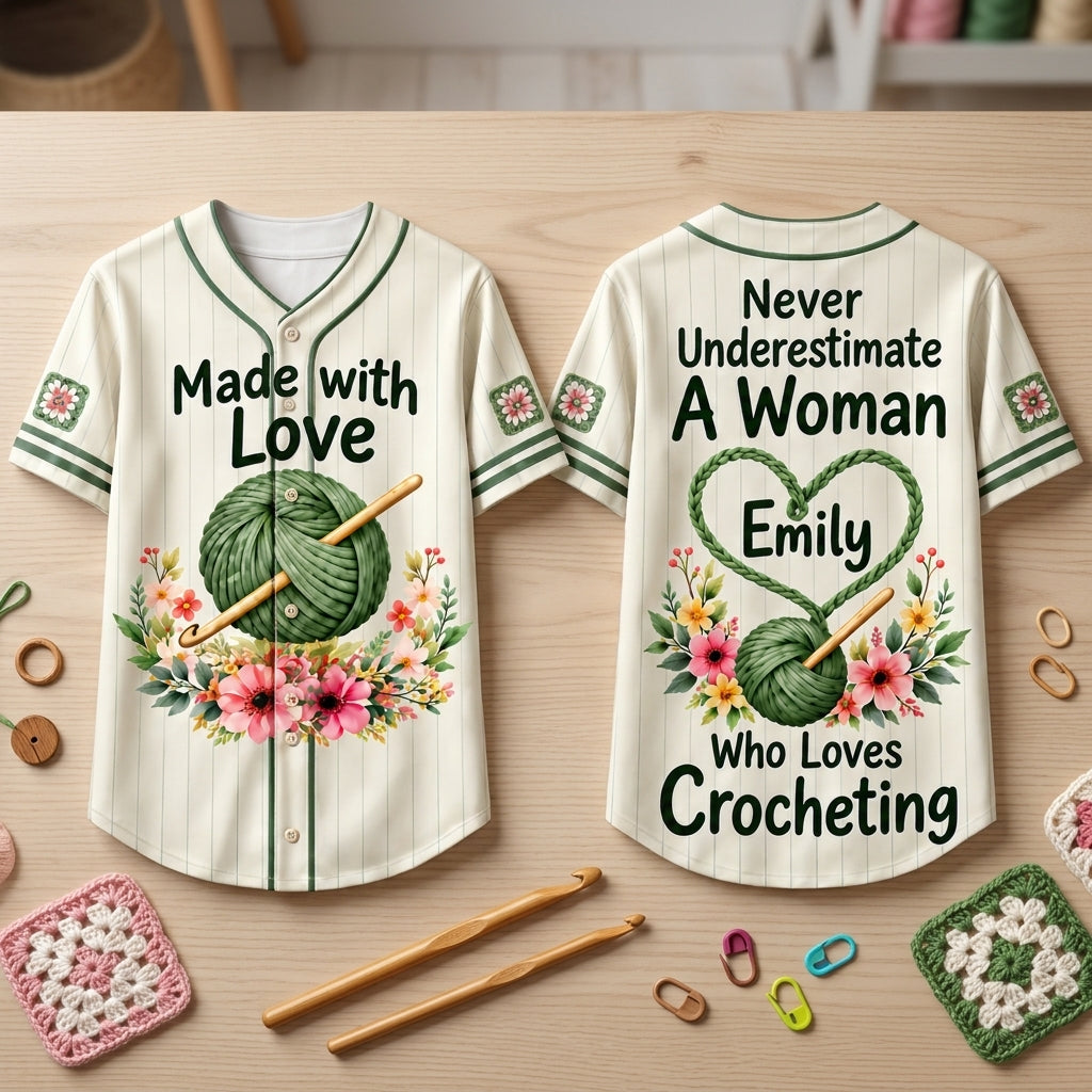 Personalized Never Underestimate A Woman Who Loves Crocheting Baseball Jersey - mockup 2