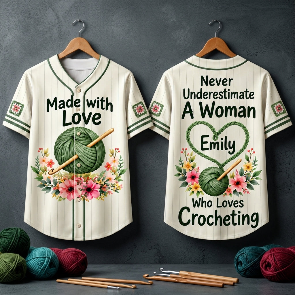 Personalized Never Underestimate A Woman Who Loves Crocheting Baseball Jersey - mockup 3