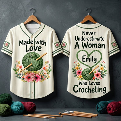 Personalized Never Underestimate A Woman Who Loves Crocheting Baseball Jersey - mockup 3