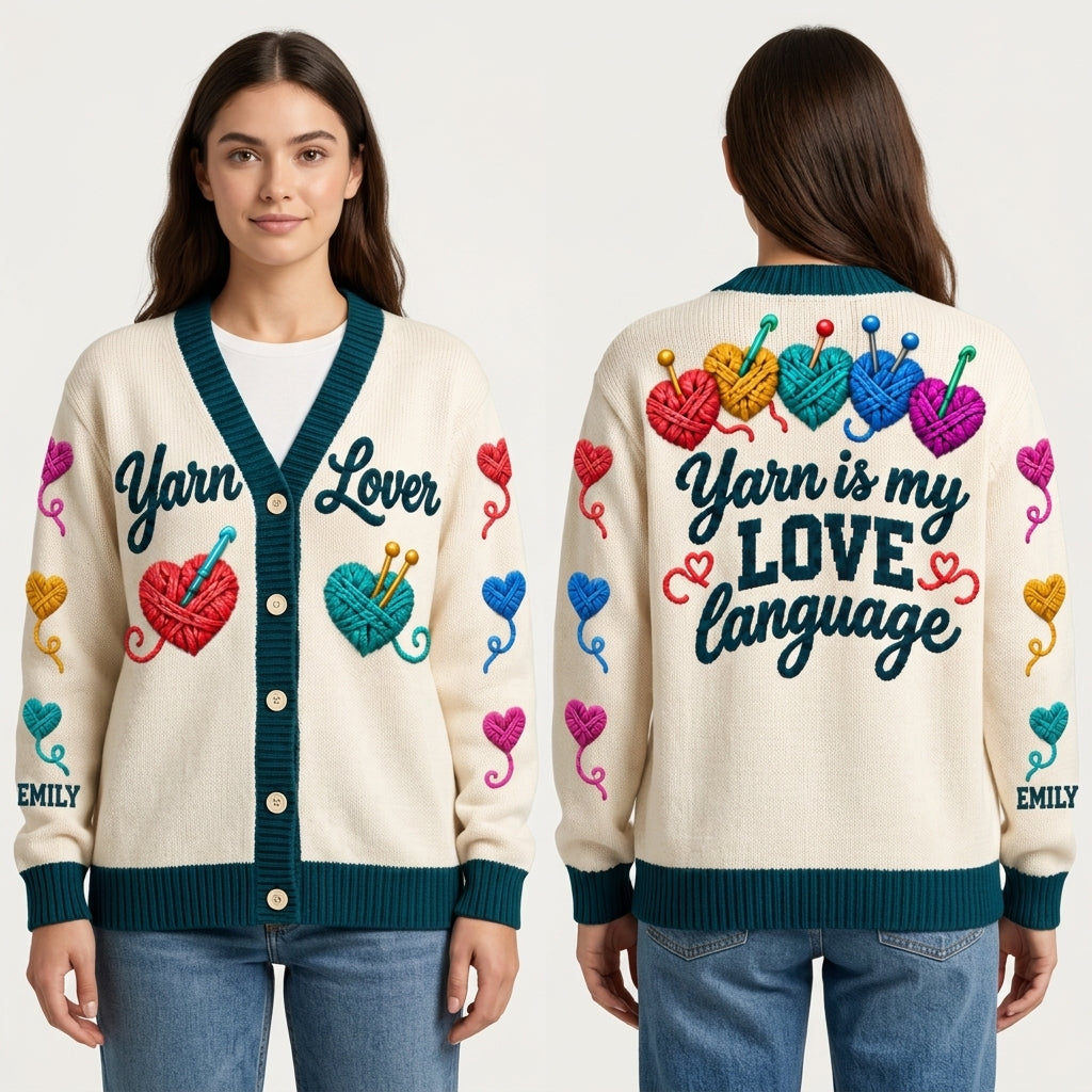 Personalized Yarn Lover Knitted Cardigan - Custom Name Gift for Knitters and Crocheters - mockup 1