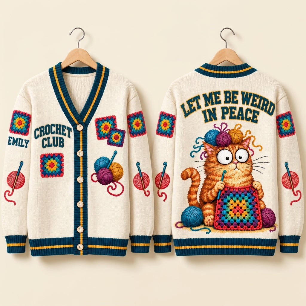 Personalized Crochet Club Cat Knitted Cardigan – Funny Gift for Crocheters - mockup 3