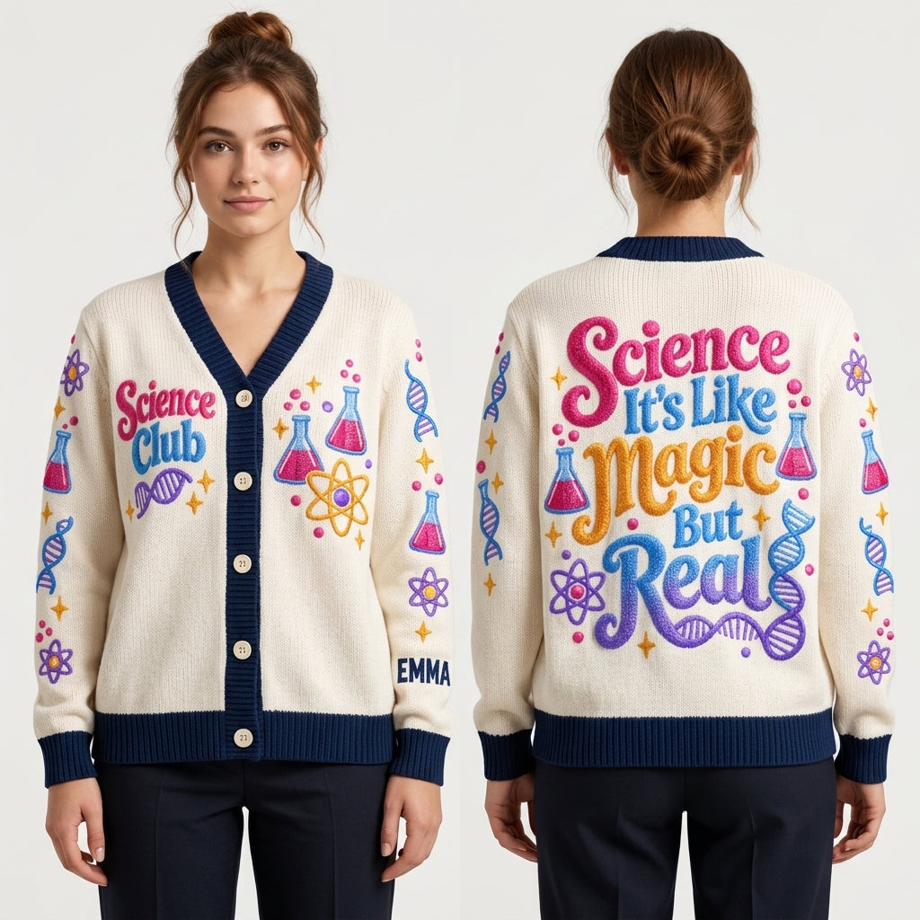 Personalized Science Teacher Knitted Cardigan - Science Club Gift for Women - mockup 1
