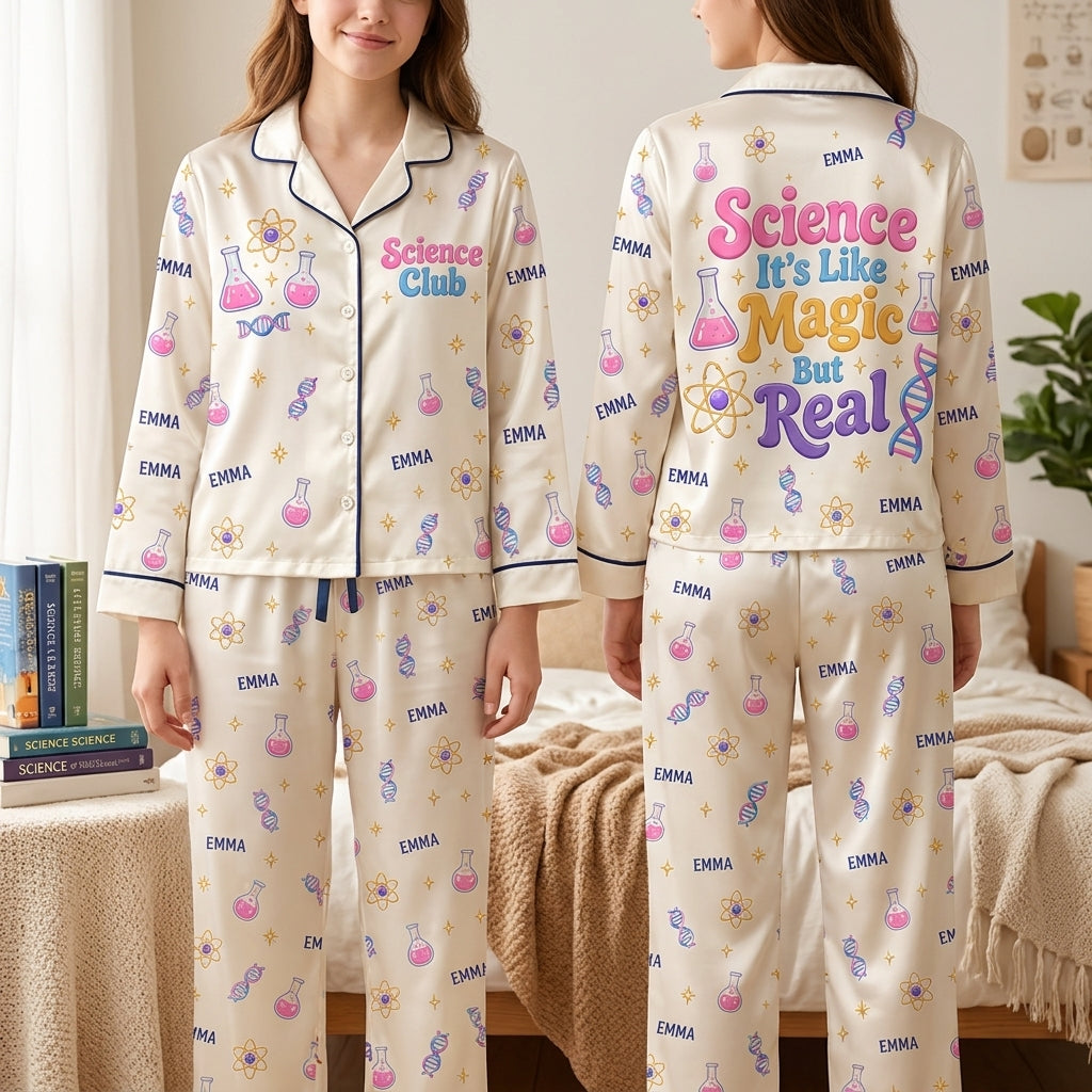 Personalized Science Club Magic Satin Pijama Long Set – Gift for Science Lovers - mockup 1