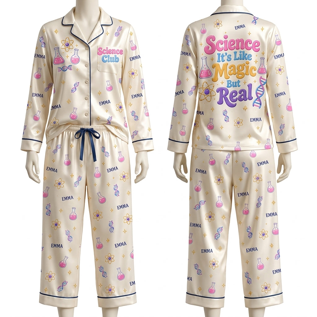 Personalized Science Club Magic Satin Pijama Long Set – Gift for Science Lovers - mockup 2