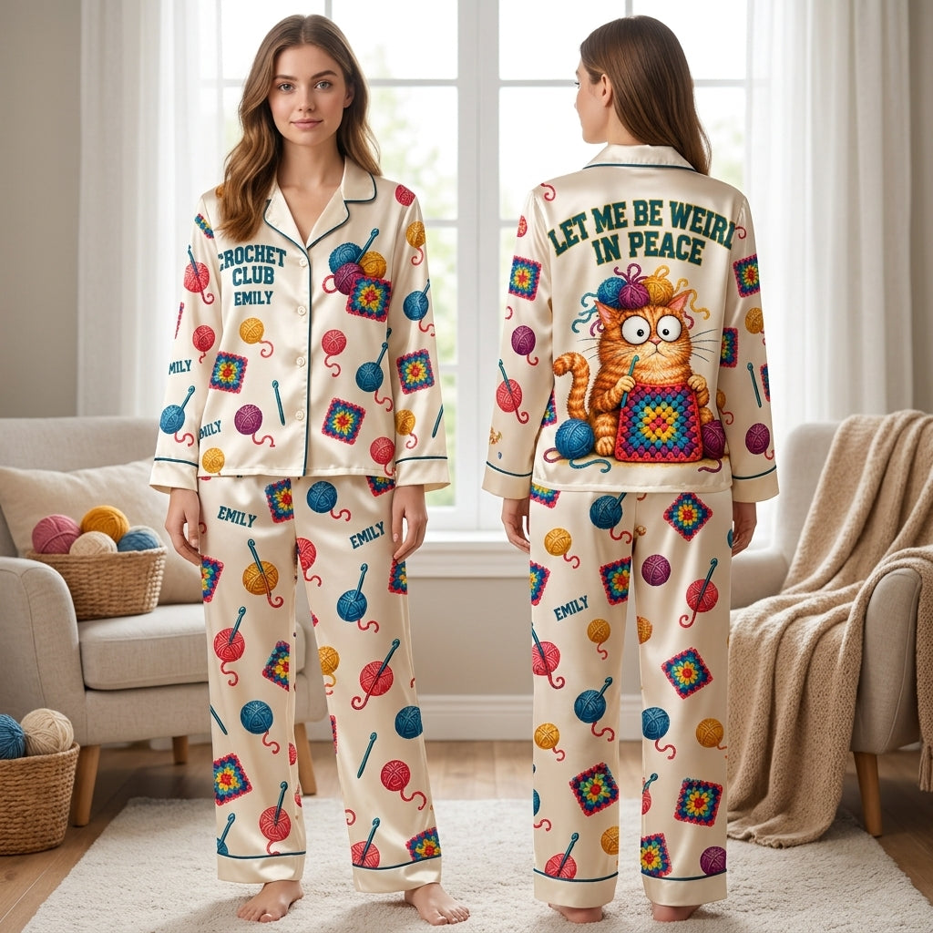 Personalized Crochet Club Cat Satin Pijama Long Set – Gift for Crochet Lovers - mockup 1
