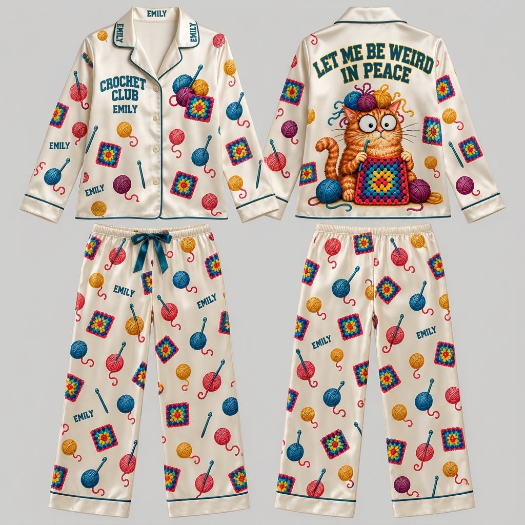 Personalized Crochet Club Cat Satin Pijama Long Set – Gift for Crochet Lovers - mockup 2