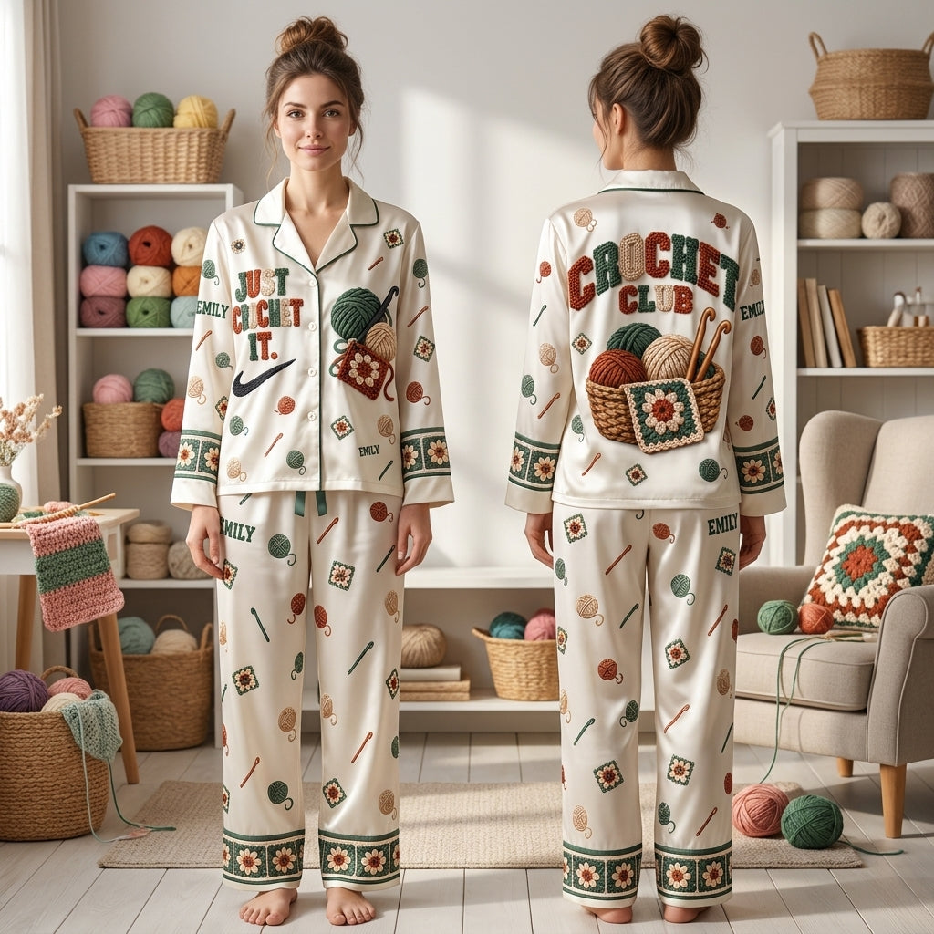 Personalized Crochet Club Satin Pijama Long Set – Gift for Crochet Lovers - mockup 1