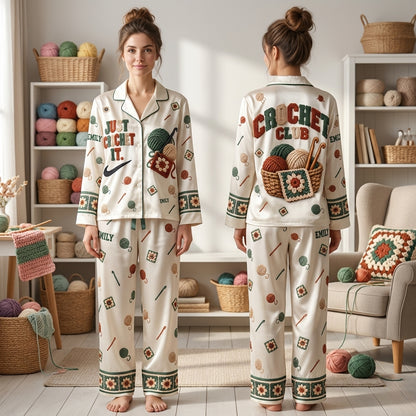 Personalized Crochet Club Satin Pijama Long Set – Gift for Crochet Lovers - mockup 1