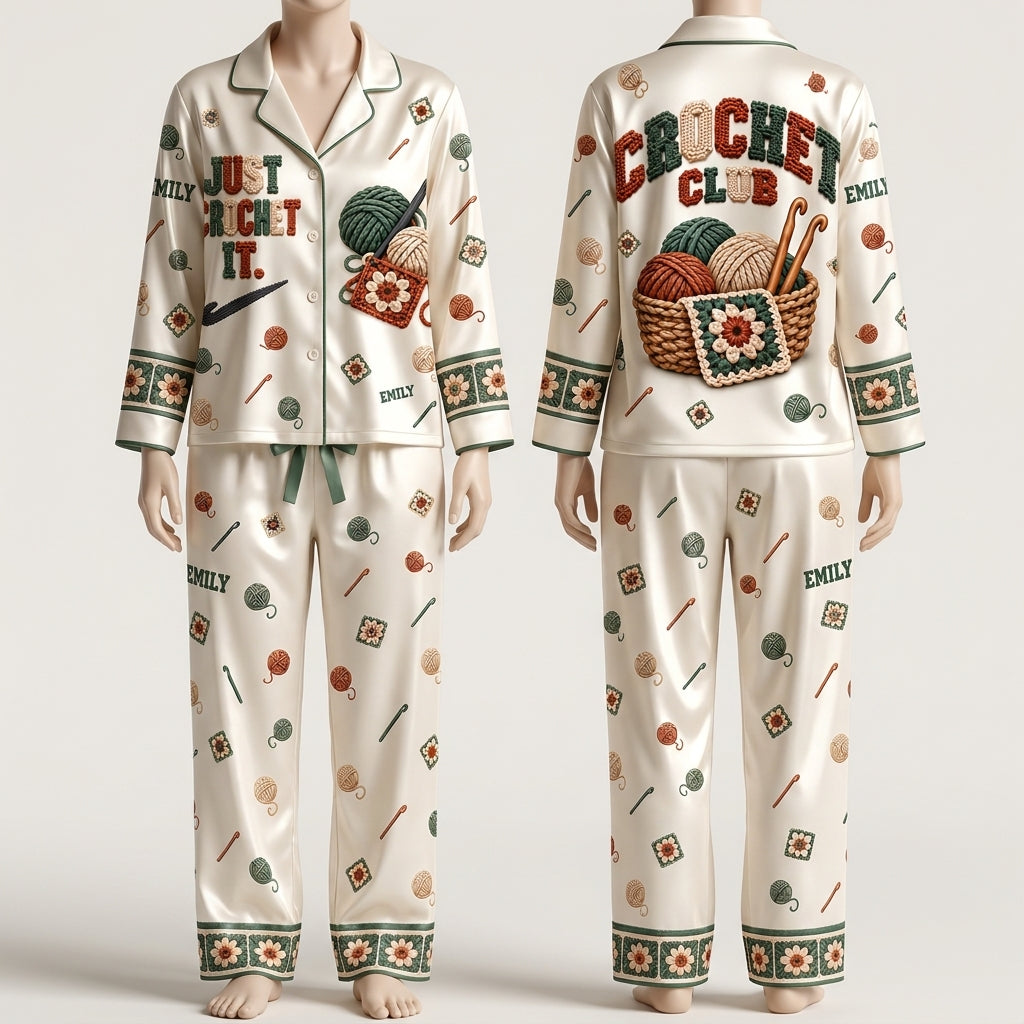 Personalized Crochet Club Satin Pijama Long Set – Gift for Crochet Lovers - mockup 2