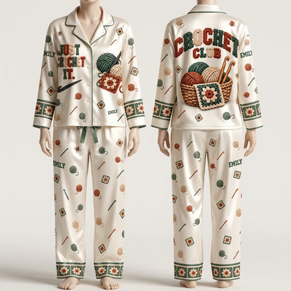 Personalized Crochet Club Satin Pijama Long Set – Gift for Crochet Lovers - mockup 2