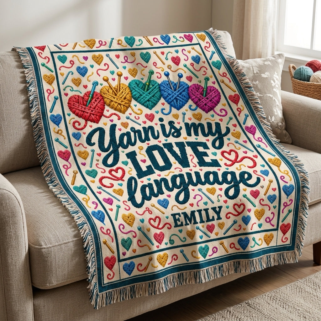 Personalized Yarn Is My Love Language Woven Blanket – Gift for Knitters - mockup 1
