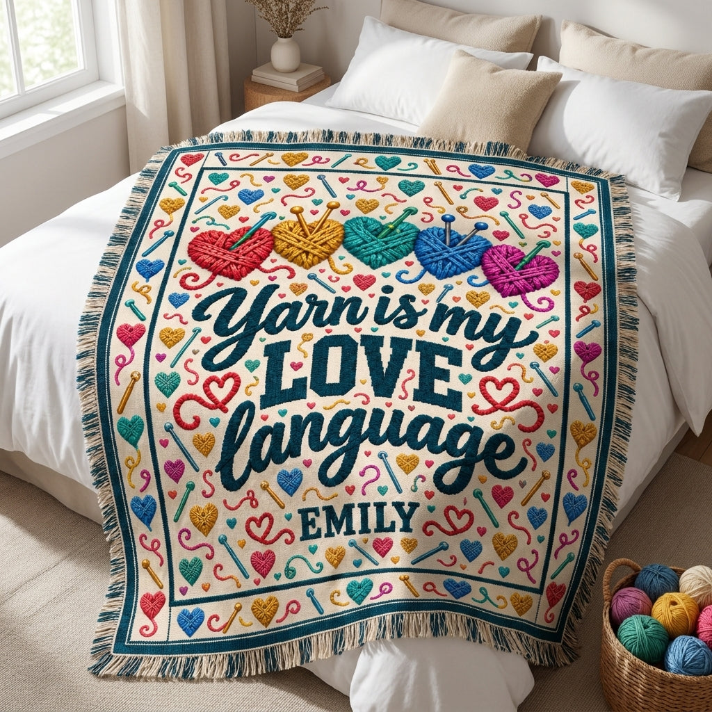 Personalized Yarn Is My Love Language Woven Blanket – Gift for Knitters - mockup 3