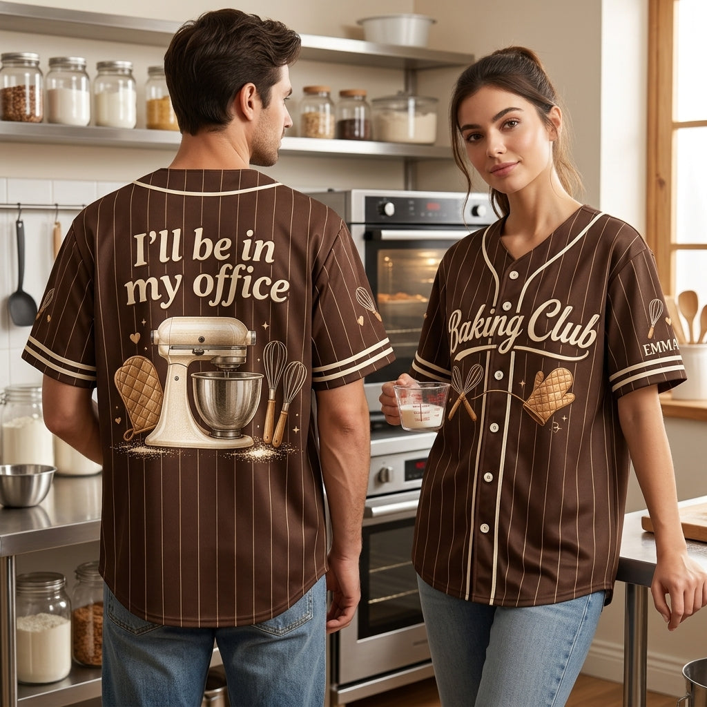 Personalized Baking Club Baseball Jersey - Custom Brown Pinstripe Baker Uniform for Women & Men - mockup 1