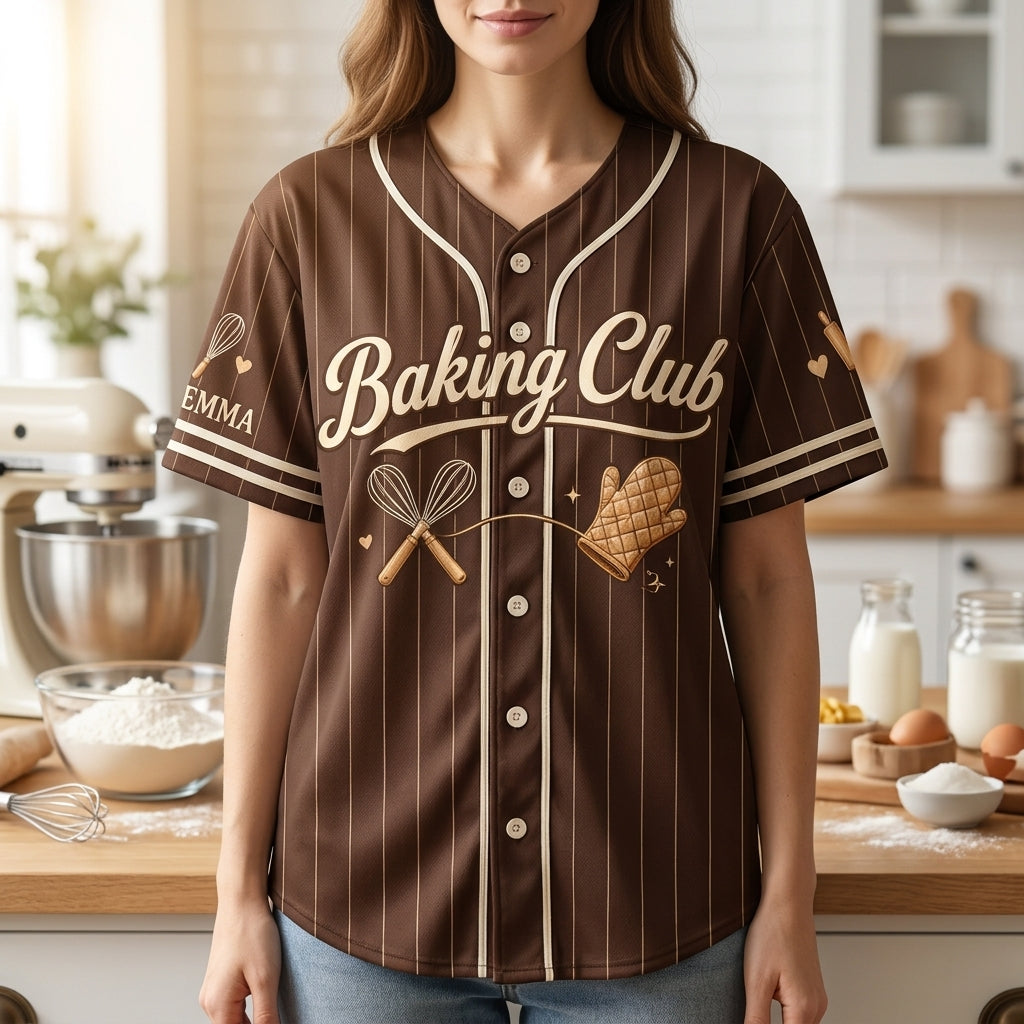 Personalized Baking Club Baseball Jersey - Custom Brown Pinstripe Baker Uniform for Women & Men - mockup 2