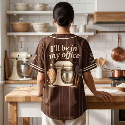 Personalized Baking Club Baseball Jersey - Custom Brown Pinstripe Baker Uniform for Women & Men - mockup 3