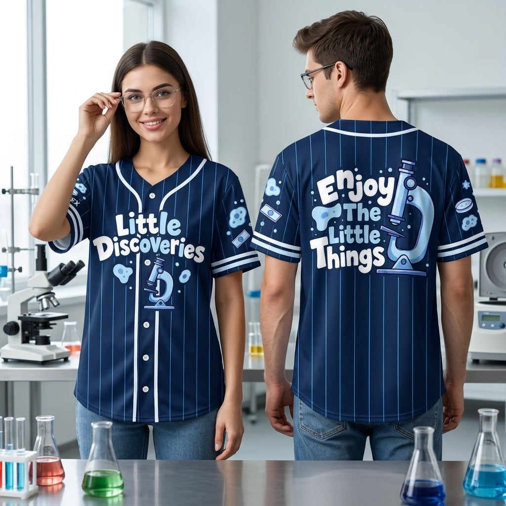 Custom Science Teacher Baseball Jersey - Enjoy The Little Things Microscope Design - mockup 1