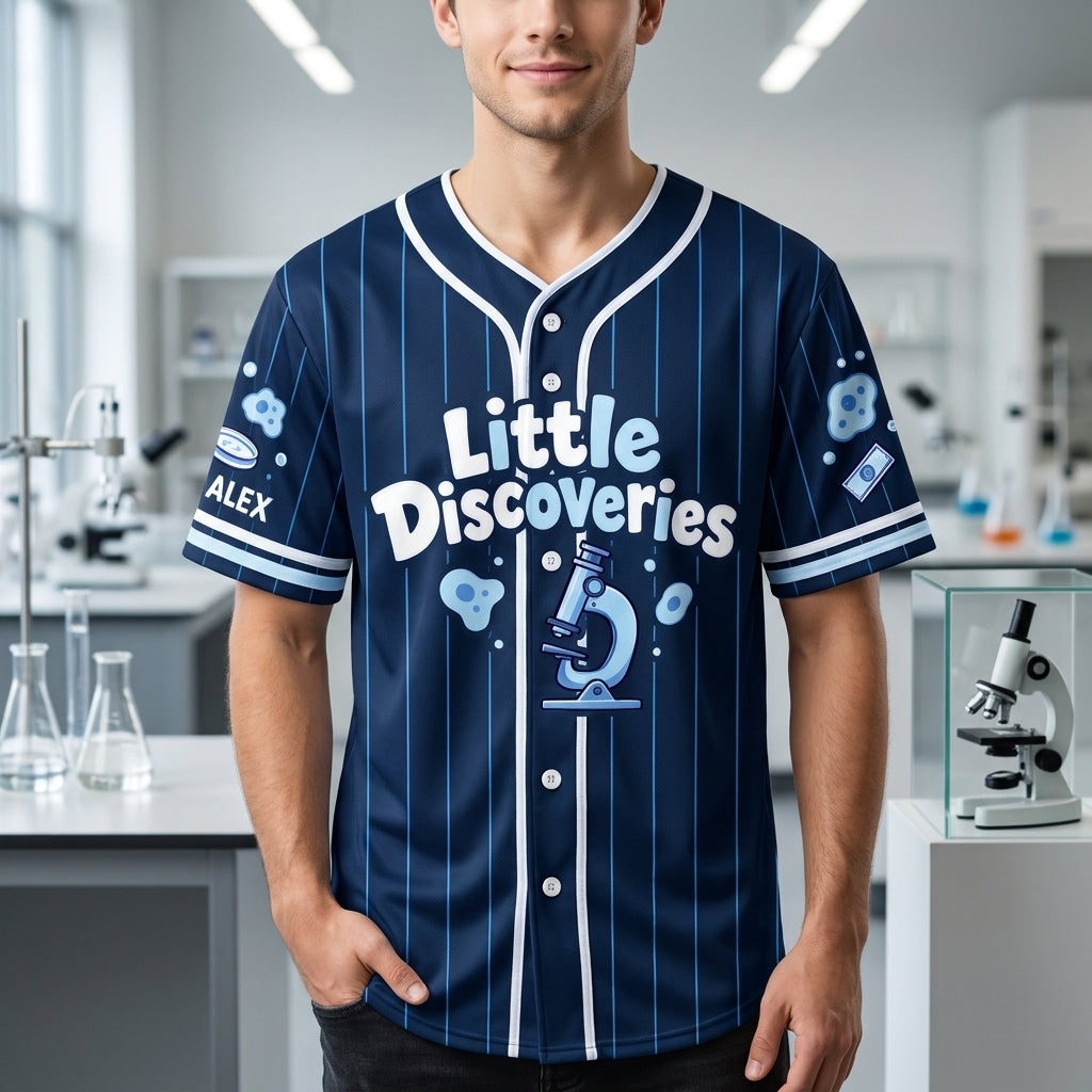 Custom Science Teacher Baseball Jersey - Enjoy The Little Things Microscope Design - mockup 2