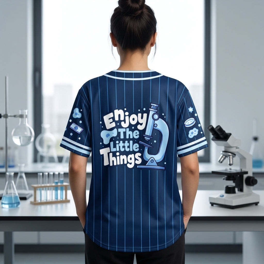 Custom Science Teacher Baseball Jersey - Enjoy The Little Things Microscope Design - mockup 3