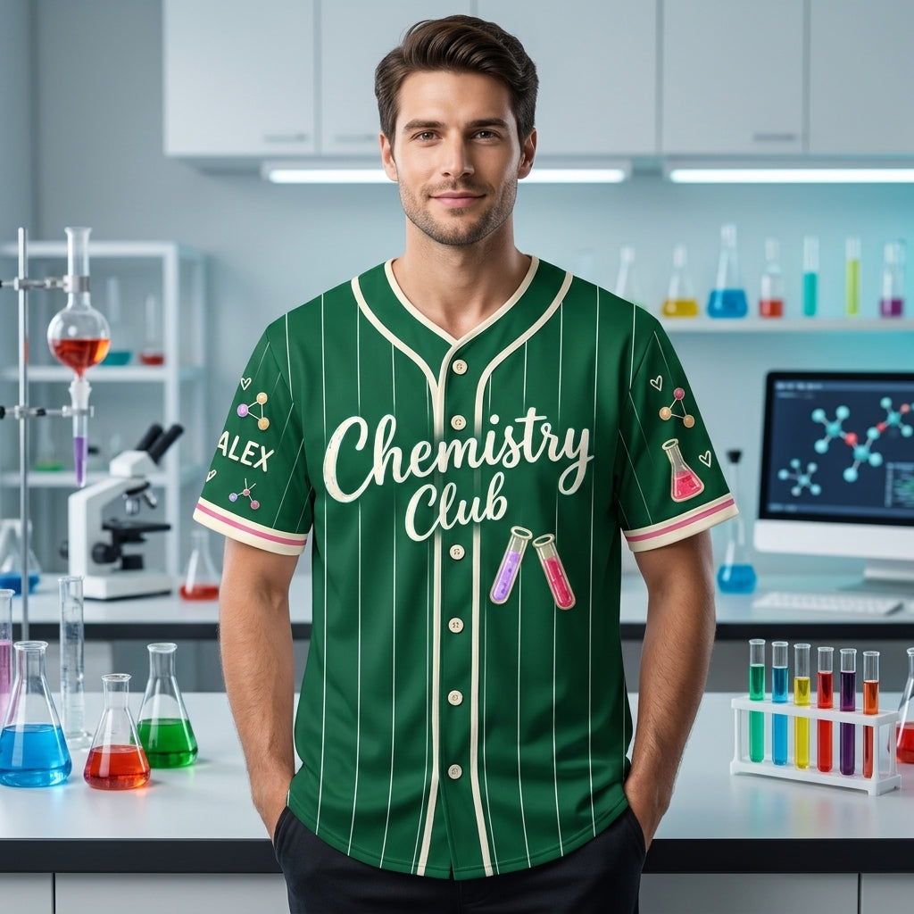 Personalized Chemistry Club Science Teacher Baseball Jersey – Green Pinstripe - mockup 2