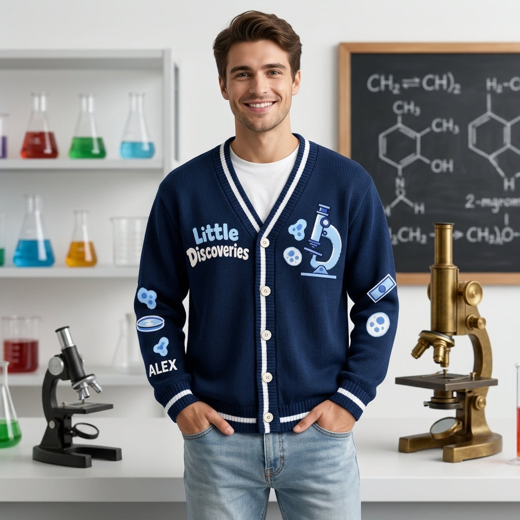 Personalized Science Teacher Knitted Cardigan - Custom Microbiology Biology Lab Gift - mockup 2